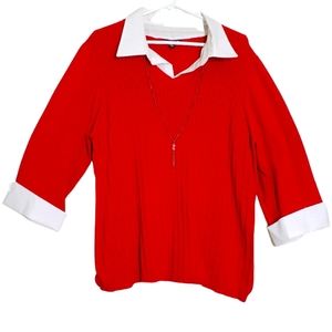 Notations Red sweater with white collar and silver necklace